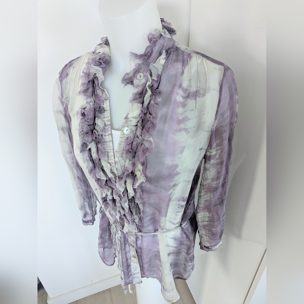 DA-NANG Silk Long Sleeve Tie Dye Blouse with Ruffle Front, Purple/Light Grey;SzM - Picture 5 of 10